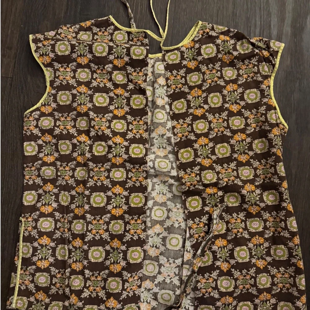 Vintage 2 Apron Set Smock Bib Floral Striped Brown Yellow Retro Mid Century